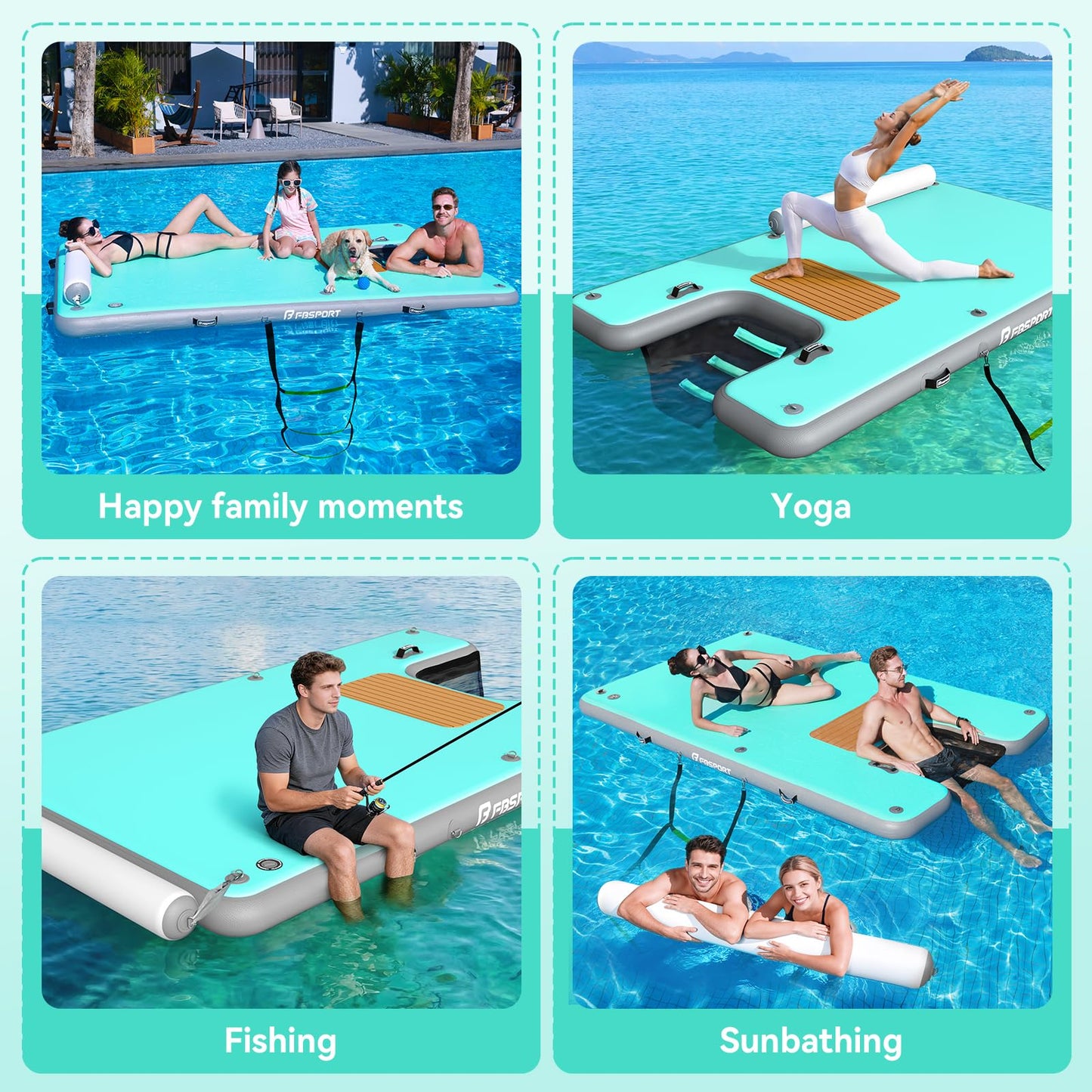 FBSPORT Inflatable Floating Dock with Boat Ramp,Non-Slip Air Dock Floating Platform with Mesh Lounger and Headrest,Inflatable Island Water Raft for Pool Lake Beach Ocean