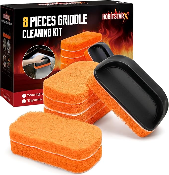 Griddle Cleaning Kit for Blackstone â Grill Stone, Non-Scratch Scouring Pads, Heavy-Duty Scraper & Ergonomic Handles â Flat Top Grill Accessories (8PCS Orange)