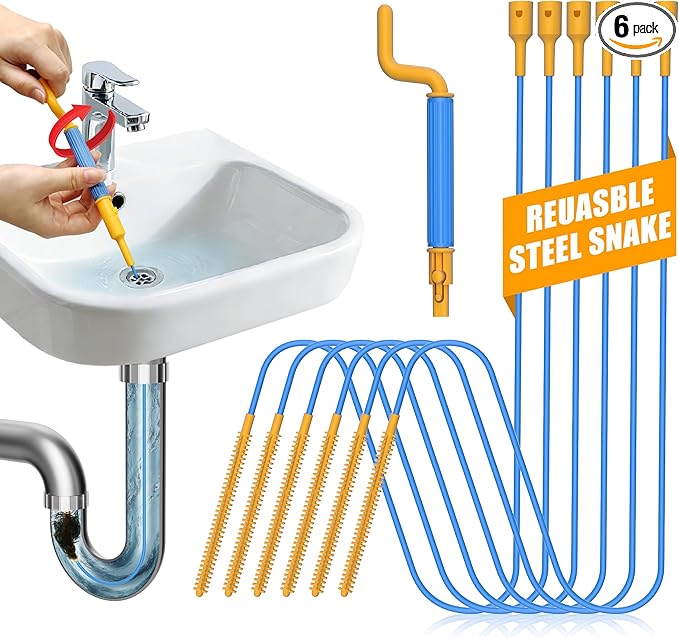 EastLink 30-Inch Reusable Drain Snake Hair Drain Clog Remover 6 Pack, Anti-Break Steel Sink Snake Drain Hair Removal Tool with Rotating Handle, Drain Cleaner Tool for Bathroom Sink, Shower, Bathtub