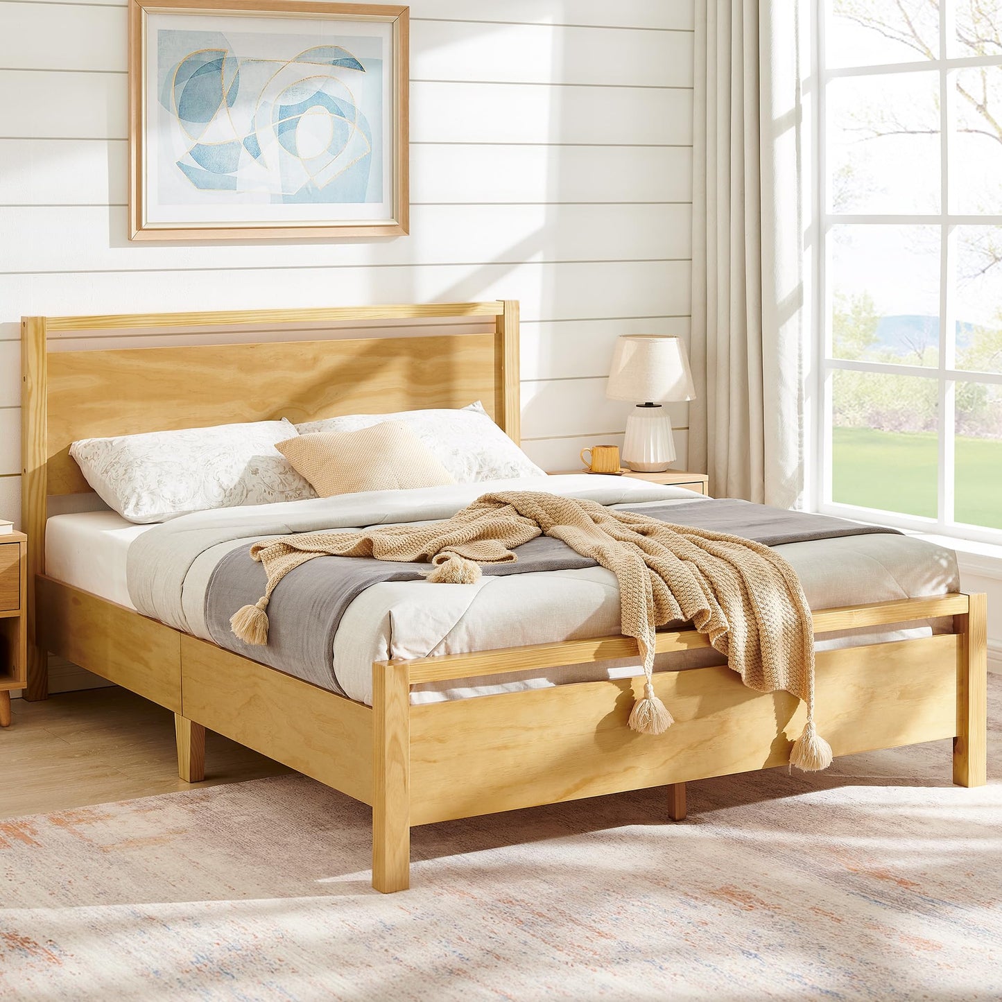 AMERLIFE Queen Size Solid Wood Bed Frame with Headboard, Minimalist Platform Bed with Wood Slats Support/No Box Spring Needed/Easy Assembly/Noise-Free, Natural