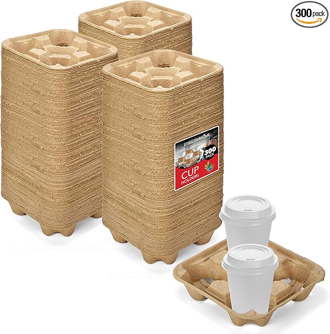 4 Cup Disposable Coffee Tray (300 Count), Commercially Compostable Cup Holder, Durable Drink Carrier for Hot or Cold Drinks, to Go Coffee Cup Holder for Food Delivery Service