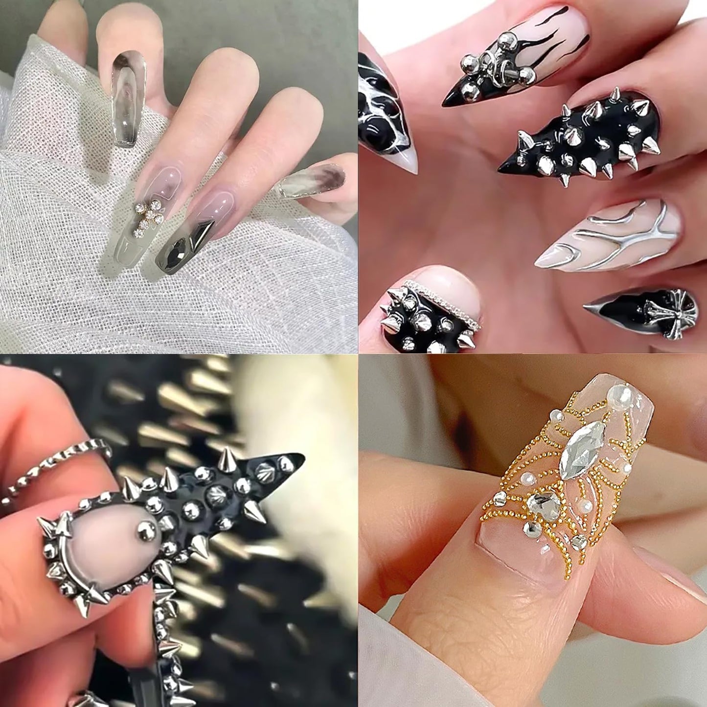 DANNEASY 3D Mini Metllic Punk Nail Art Studs Goth Cross Nail Charms Mixed Sizes Gold Silver Black Cone Spikes Alloy Rivets Jewelry Steel Balls Caviar Beads Jewels for Women Manicure Decorations