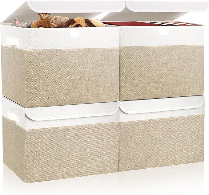 Bagnizer Large 22 Quart Linen Fabric Foldable Storage Bin Cube Organizer Basket with Flip-Top Lid & Handles, Clothes Blanket Box for Home, Office, Closet, Beige & White, 4 Pack 14.6 x 9.5 x 9.5â