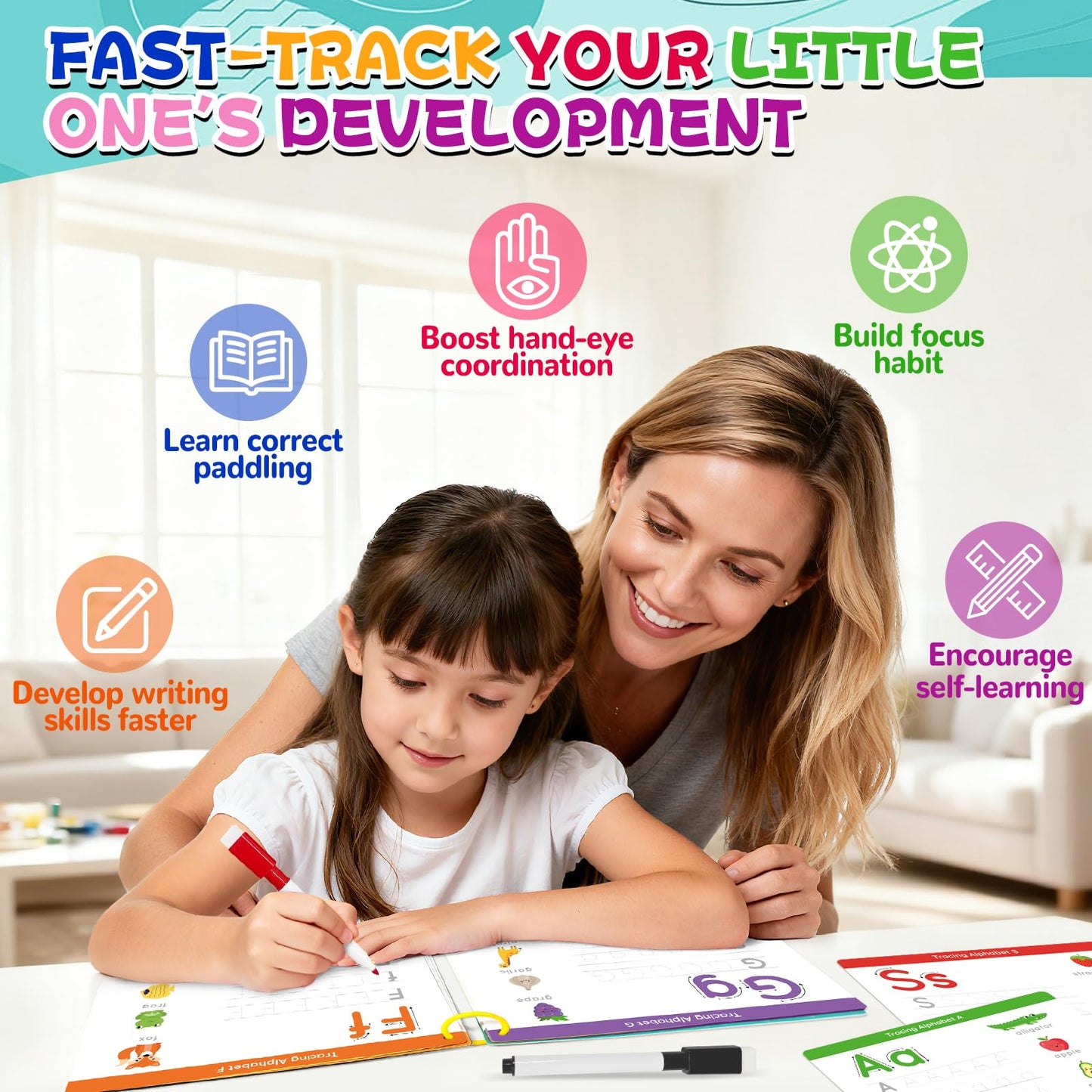 EUUBIRD Reusable Preschool Learning Activity Book - Handwriting Practice with Alphabet & Letter Tracing, Kindergarten Workbook for Kids Ages 3-5
