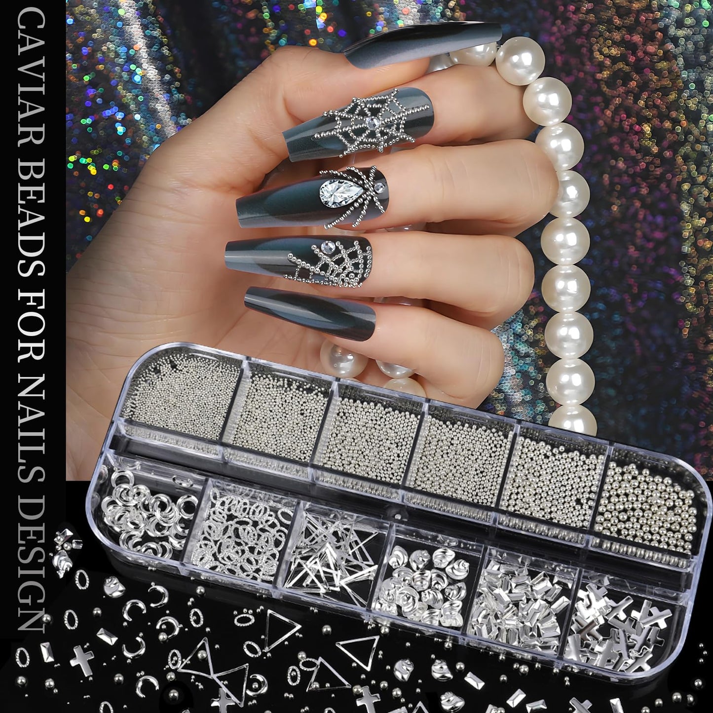 Teenitor Silver Nail Charms and Gems Kit, 4 Boxes Nail Gems Silver Rhinestones for Nails, 3D Y2K Accessories Nail Decor, Cross Charms for Nails Design Star, Caviar Beads for Nails Art