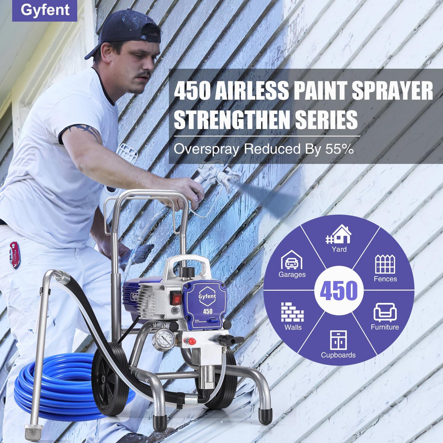 Gyfent 450 Airless Paint Sprayer, 0.47GPM Paint Sprayer for Home Interior 3300psi 900W High Efficiency Airless Sprayer with Low Overspray for House Painting Townhouse
