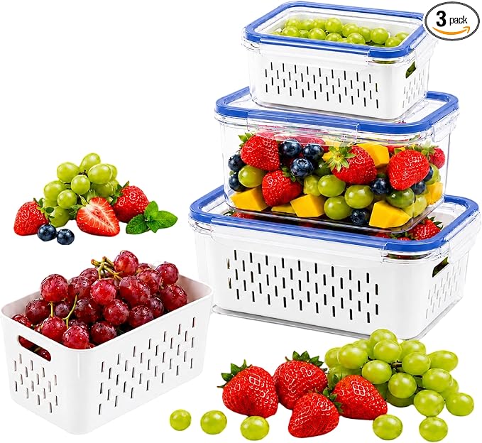 Fruit storage containers for fridgeï¼with detachable drainer basket and airtight seal, stackable produce organizer, prolongs freshness of berries, greens, meats