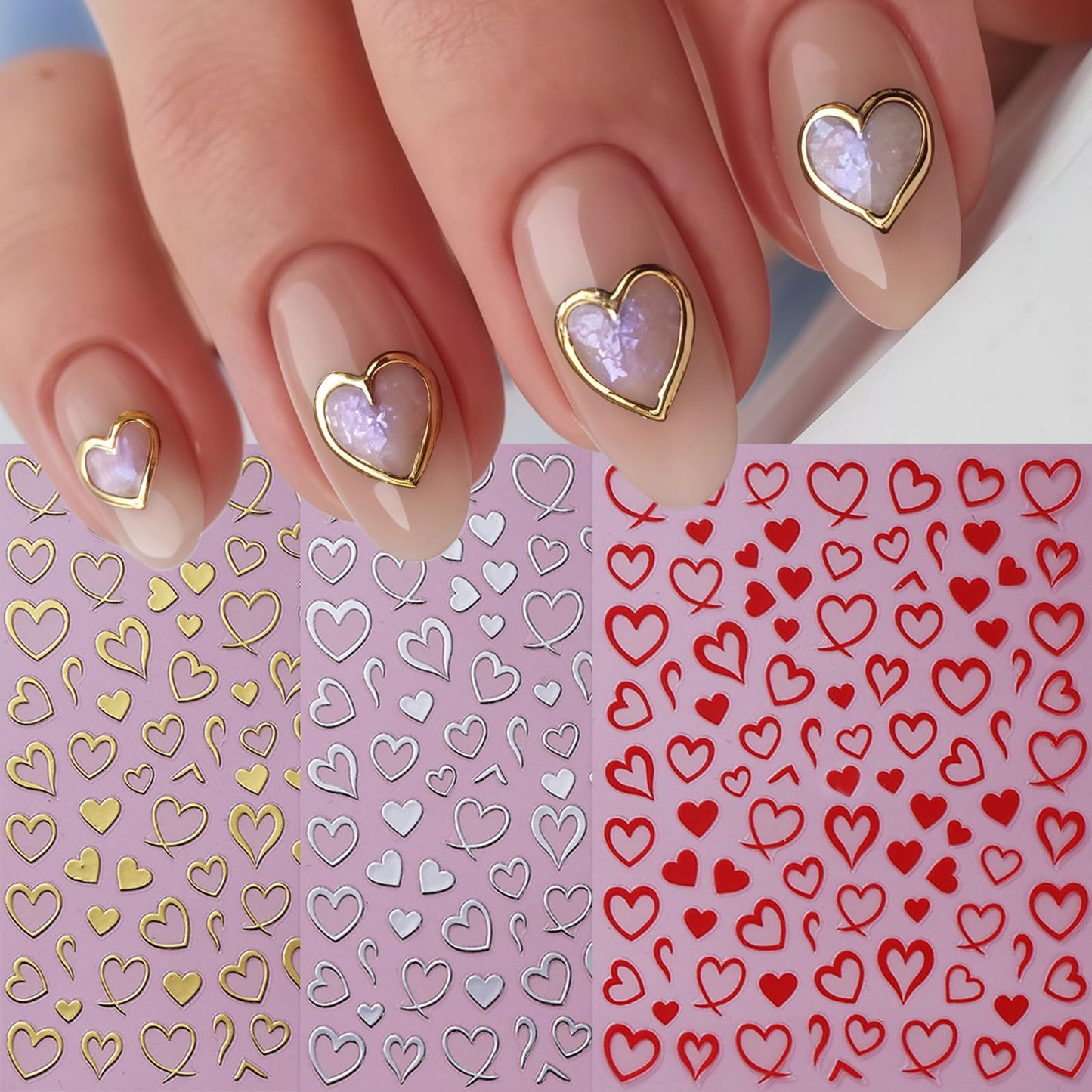 6 Sheets Heart Nail Art Stickers Valentines Nail Decals Self-Adhesive Red Silver Gold Peach Hearts Nails Stickers Hollow Heart Love Sticker Nail Supplies for Women Holiday Acrylic Nails Decoration
