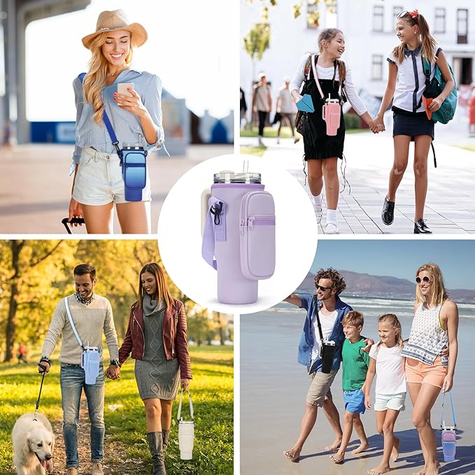 GOEWY Water Bottle Carrier Bag for Stanley 40/30 oz Tumbler with Phone Pocket Neoprene Water Bottle Holder with Shoulder & Handheld Strap Stanley Cup Accessories