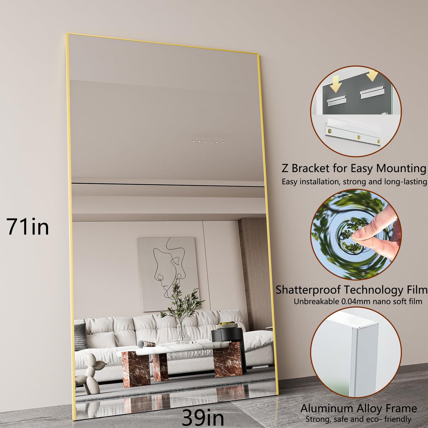 Fitcleer Glassless Floor Mirror, 71×39”, Shatterproof Full Body Mirror for Living Room or Studio, Lightweight Leaning Wall Mirror, Gold Frame
