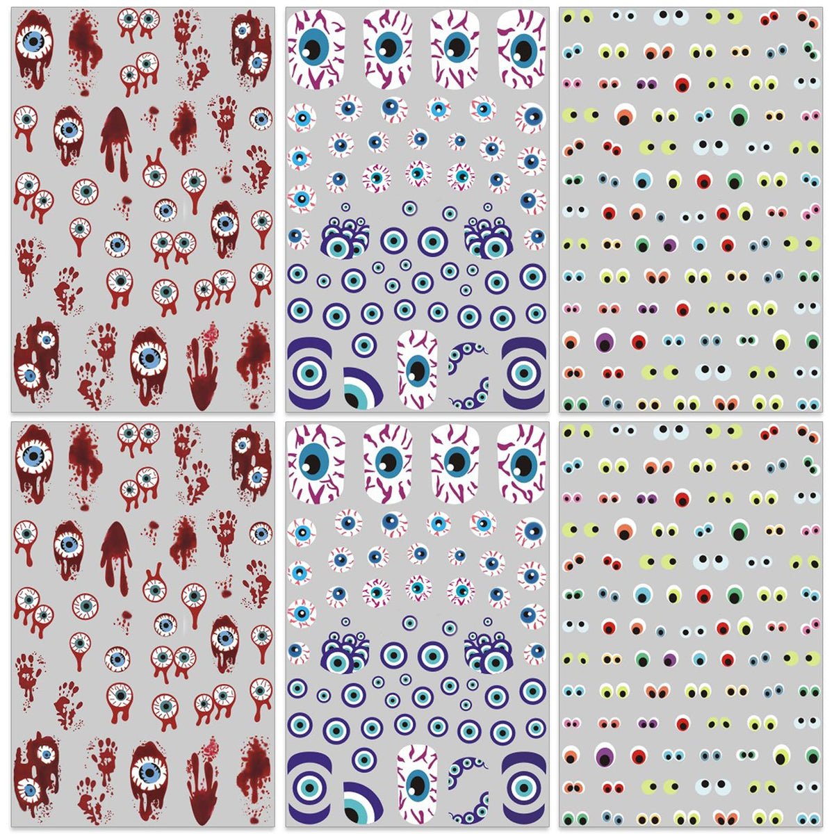 IDDFEVE Halloween Eyeball Nail Stickers - 3D Bloody Horror Eyeball Self-Adhesive Nail Decals for DIY Funny Spooky Manicure (6 Sheets)