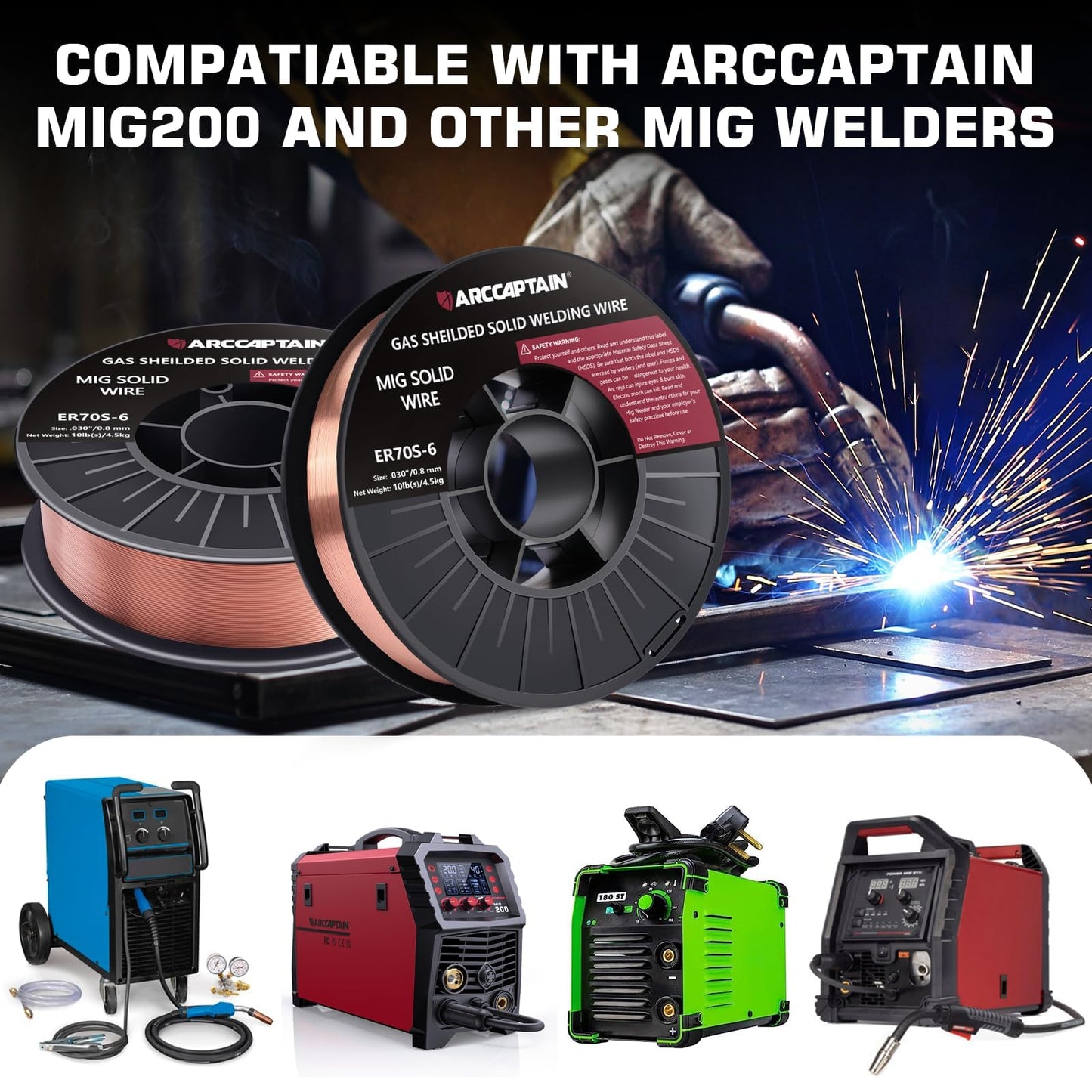 ARCCAPTAIN Mig Welding Wire, 0.030 10Lb Mig Wire ER70S-6 10Lbs Gas Solid Carbon Steel Low Splatter Mig Welding Wire Compatible With Lincoln Miller Forney Harbor Welder 0.08 4.5KG