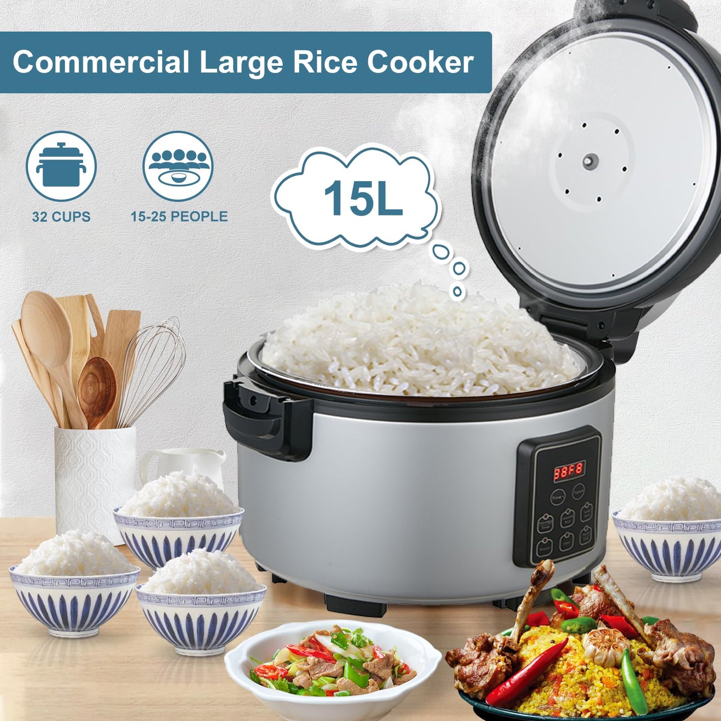 15L/15.8Quart (84 cups cooked rice) Extra Large Commercial Rice Cooker & Food Warmer with Time presetting, 6 Functions, Timer Delay Energy-Efficient for Professional Kitchens,Can preset cooking time