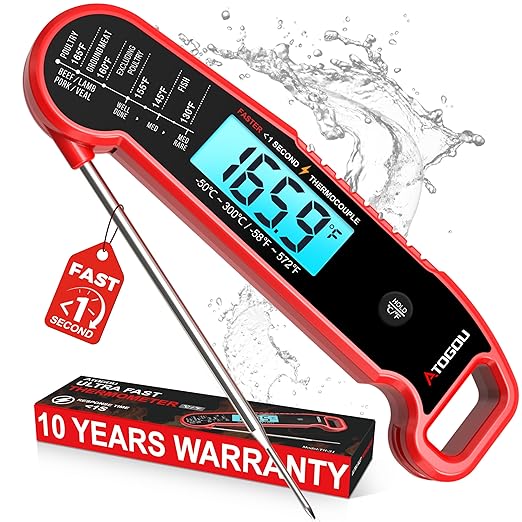 Atogou Professional Meat Thermometer Digital for Cooking Food, <1 Sec Instant Read & ±0.5â Accuracy, IP67 Waterproof, Thermocouple Sensor Probe, for Kithchen, BBQ, Grill, Red