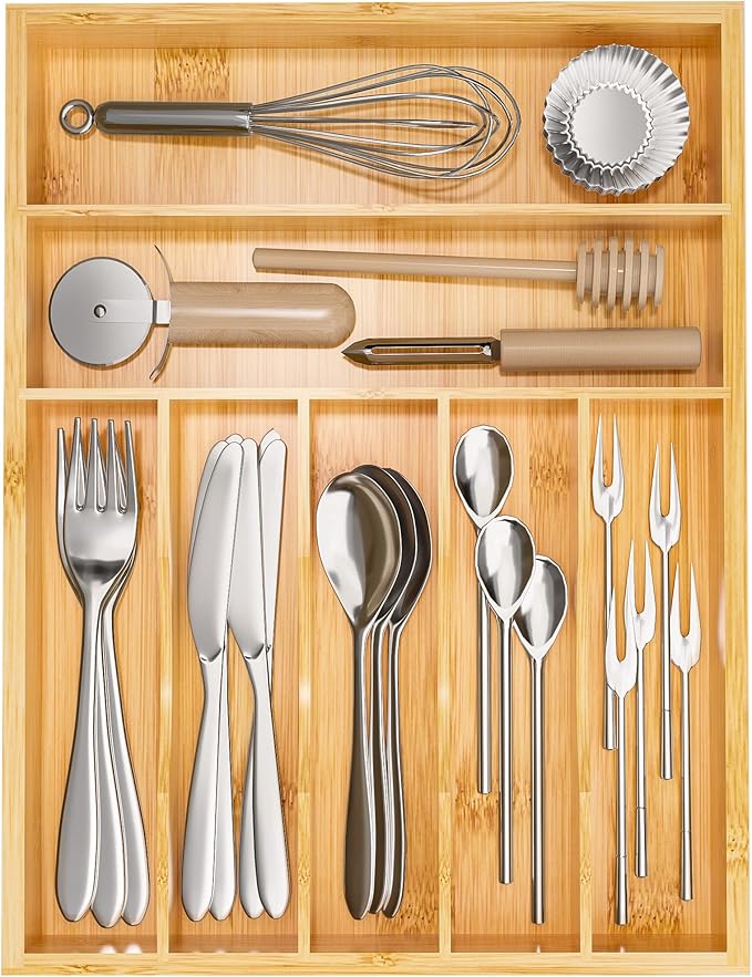 Flatware Organizer Silverware Drawer Organizer - 7 Slots Bamboo Cutlery Tray Multipurpose kitchen Drawer Organizer for Silverware, Utensils, Cutlery, Flatware, Knives W13âx L17â (Yellow)