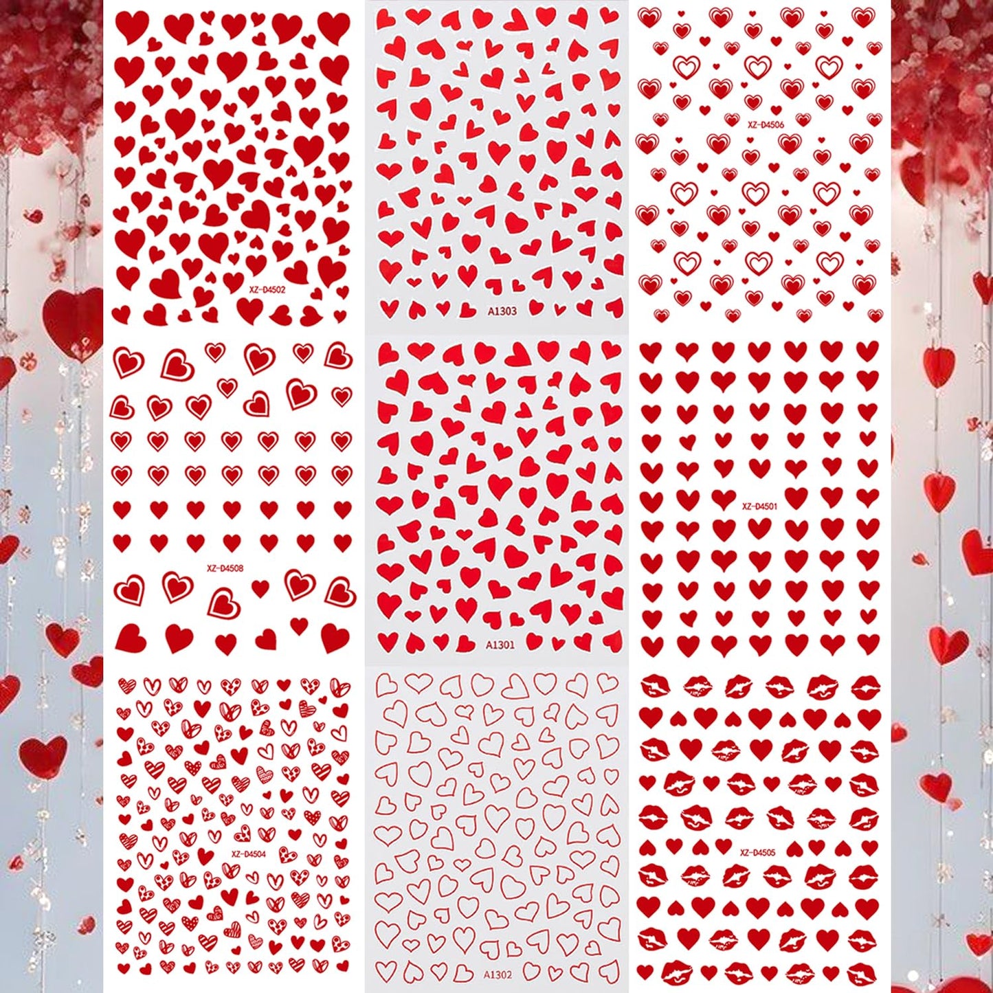 9Sheets Red Heart Nail Art Stickers 3D Romantic Valentines Nail Decals Self-Adhesive Cute Hollow Love Designs Nail Stickers for Acrylic Nails Red Lips Nail Decal for Women DIY Holiday Nails Decoration