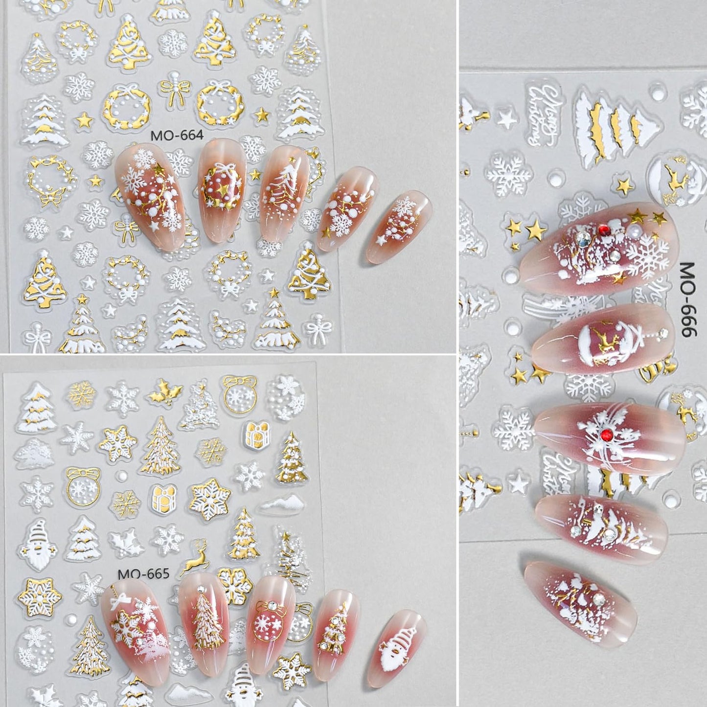 3Pcs 3D White Christmas Nail Stickers Embossed Nail Decals with Gold Glitter Xmas Tree Snowman Snowflakes Elk Design Winter Xmas Nail Art Decoration Supplies Holiday Nail Sticker for Women