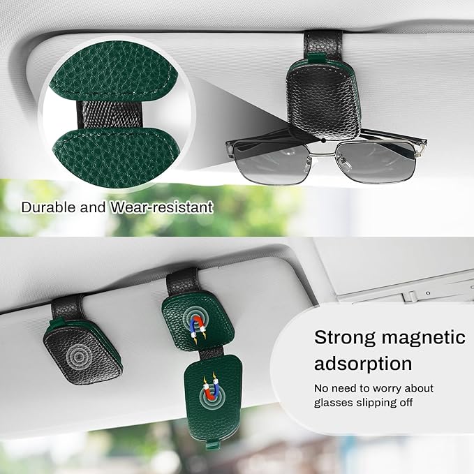 SINGARO Sunglasses Holder for Car, Leather Magnetic Buckle Sun Visor Sunglass Clip, Ticket Card Storage Glasses Clip, Car Interior Accessories for Men and Women(2PCS Black-Green)
