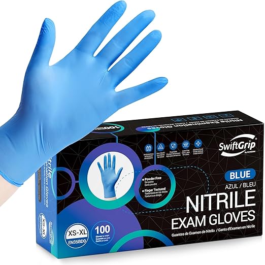 SwiftGrip Disposable Nitrile Exam Gloves, Blue, Nitrile Gloves Disposable Latex Free, Medical Gloves, Cleaning Gloves, Food-Safe Rubber Gloves, Powder Free, Non-Sterile, 100-ct Box (XL)