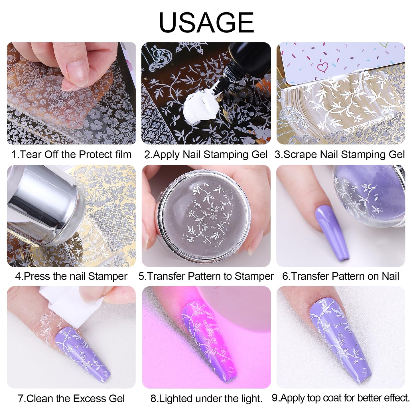 French Tip Nail Stamping Plate- 10 pcs Nail Stamper Kit Silicone Nail Stamper French Nail Stamp with Nail Art Stamps Storage Bag Nail Stamp Template Nail Supplies for Salon DIY