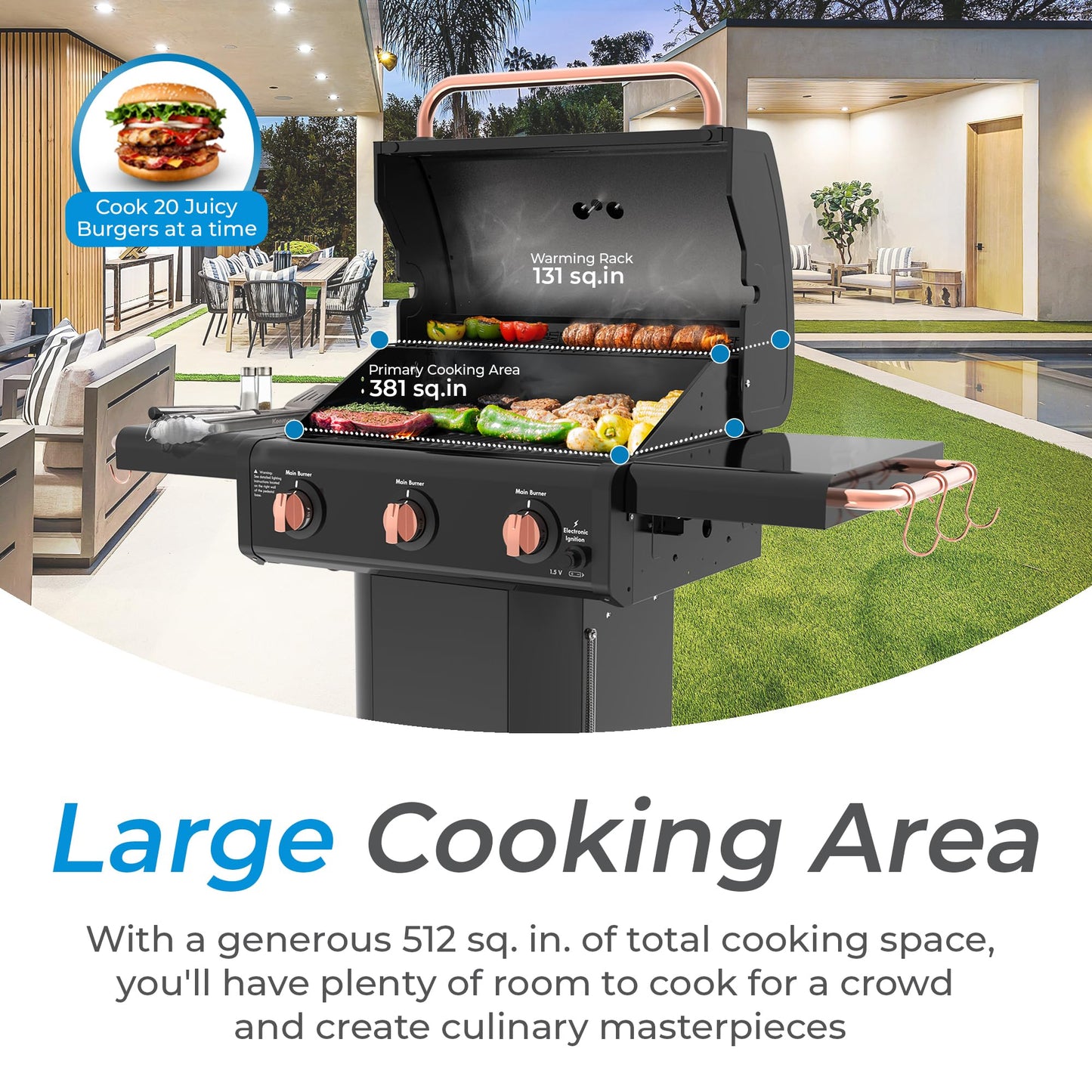 Kenmore 3-Burner Gas Grill | Foldable Side Tables, Cast Iron Cooking Grates, Warming Rack, Hooks for BBQ Grilling Tools, Propane Gas Barbecue Grill, 30,000 BTUs, Black with Copper Accent