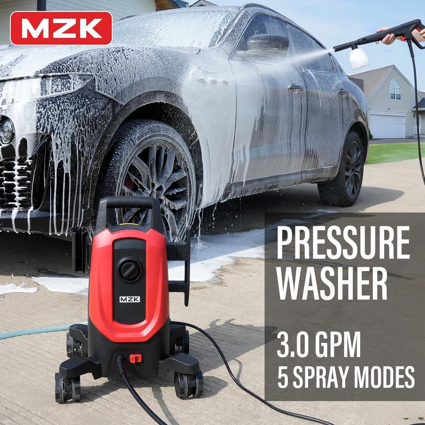 MZK Electric Pressure Washer,2600 Max PSI with Anti-Tipping Technology,4 Quick-Connect Nozzles,Foam Cannon for Easy Replacement,High-Pressure Cleaning of Cars,Fences ET2501