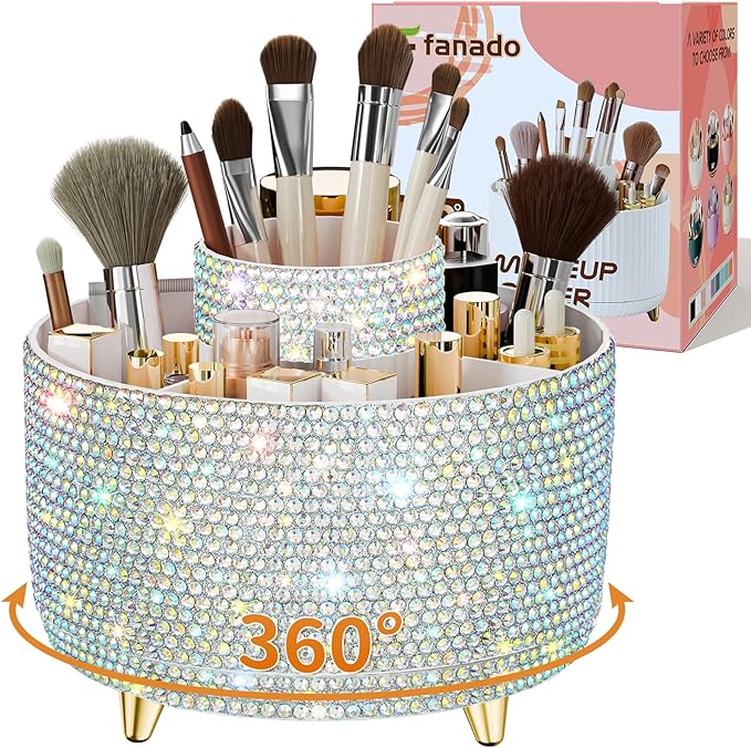 Bling 360ð Rotate Makeup Brush Holder Organizer, Makeup Organizers Countertop, Makeup organization and Skincare Storage for Vanity, Gift for Women Girls (Bling dz-White AB)