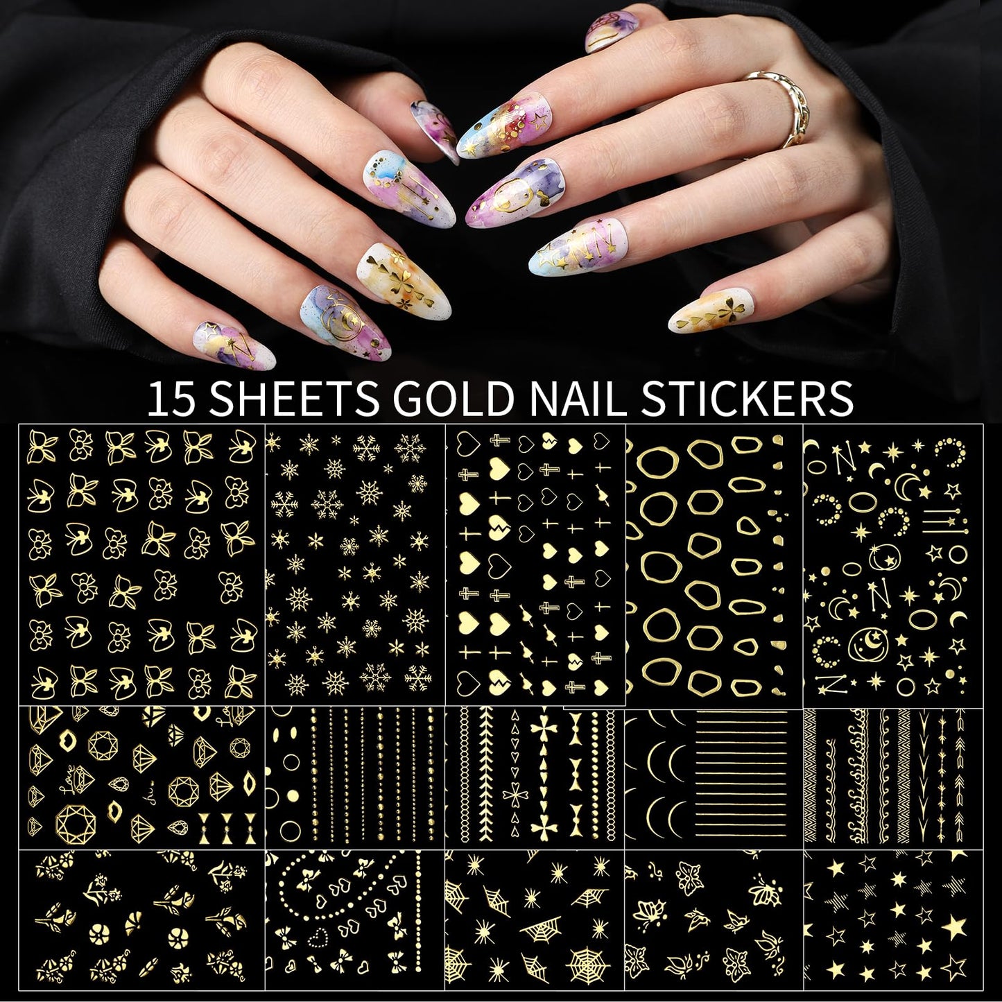Teenitor Nail Charms Nail Gems with 15 Sheets Gold Nail Stickers, 6 Boxes of Rhinestones for Nails Art Tools, 3D Nail Decals Pearls for Nails