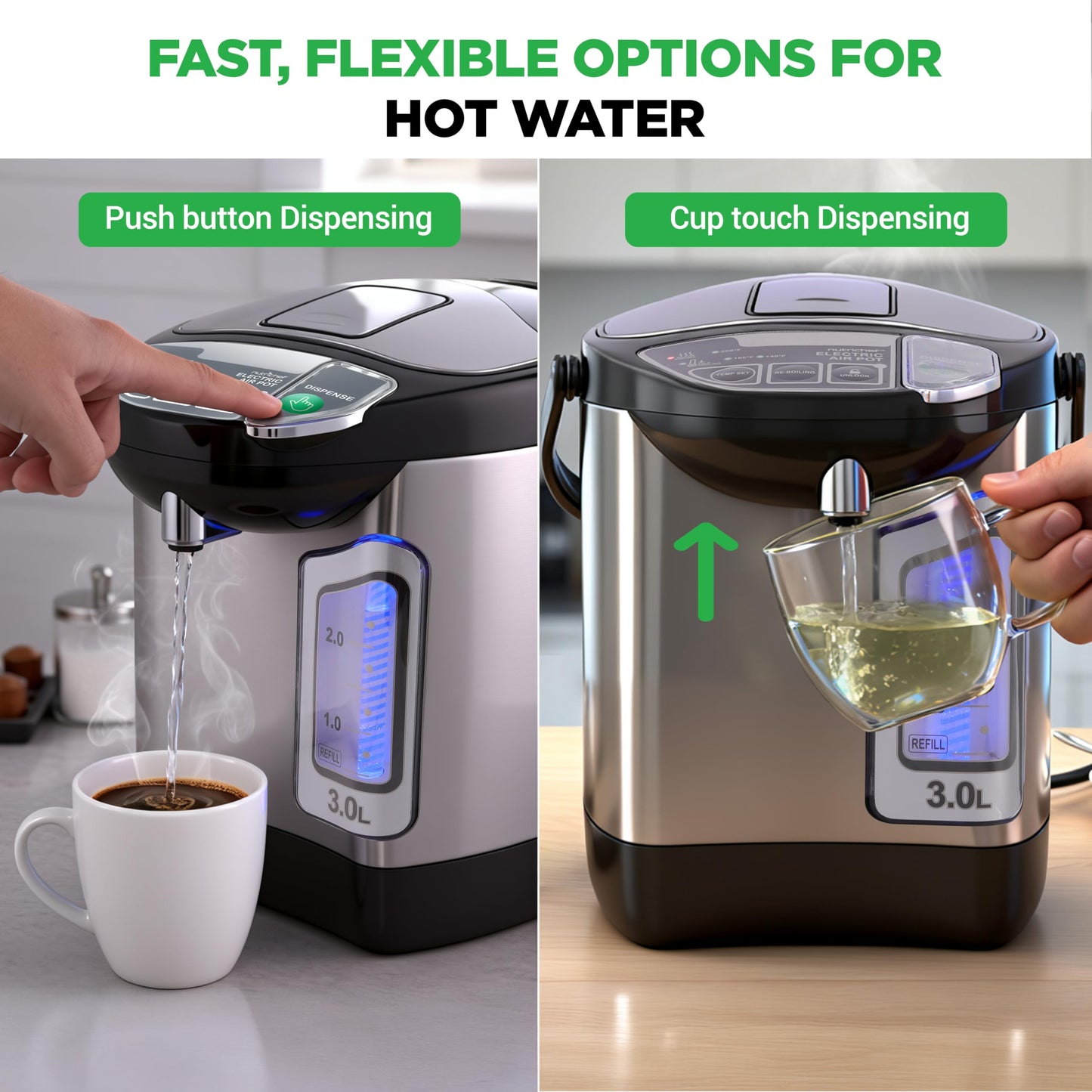 NutriChefKitchen Electric Water Boiler and Warmer - 3L/3.17 Qt Stainless Steel Electric Hot Water Dispenser w/Rotating Base, Auto Shut Off, Safety Lock, Instant Heating for Coffee & Tea (NCHUB13)