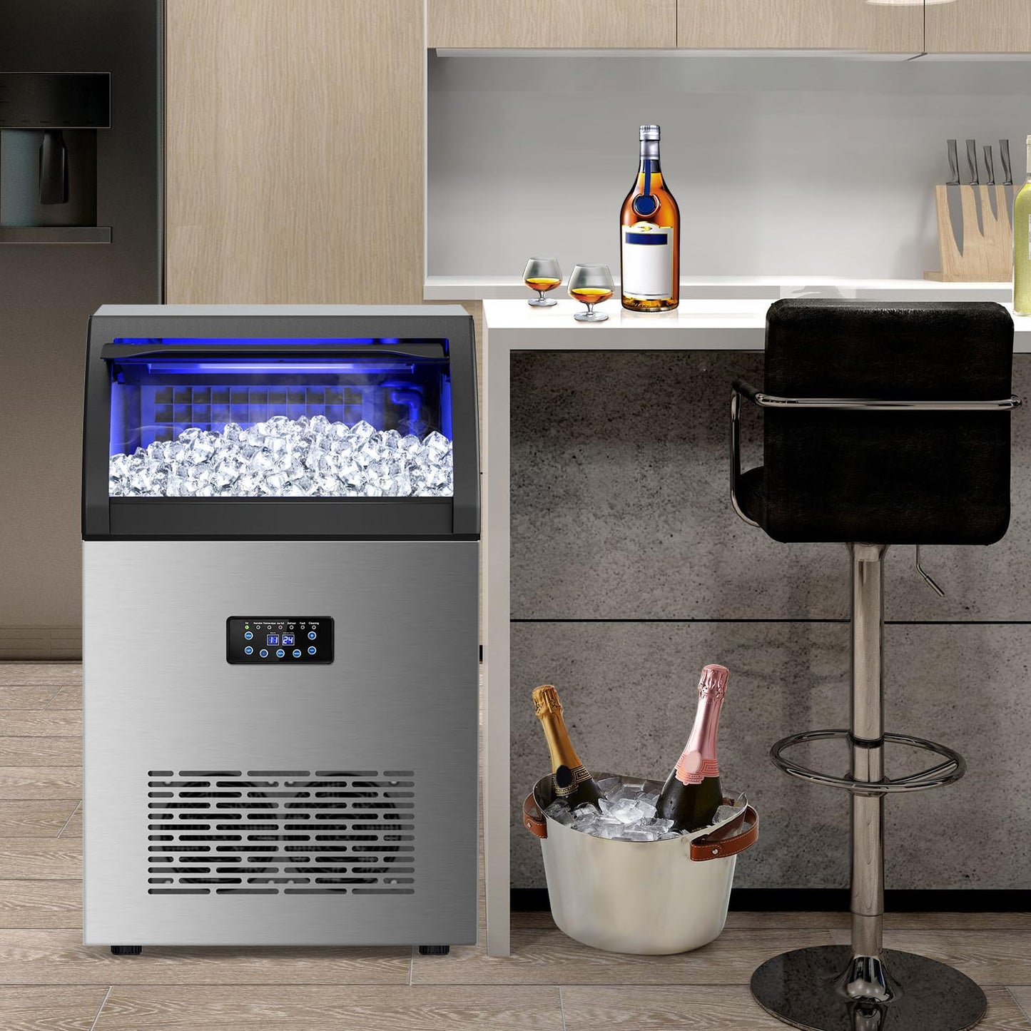 Commercial Ice Maker Machine, 150Lbs/24H with 45Lbs Large Ice Capacity, 55Pcs Clear Ice Cubes Ready in 8-15Mins, Freestanding Stainless Steel Ice Making Machine for Home Party Bar