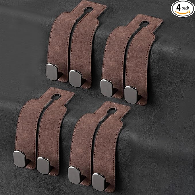 Amelity Headrest Hooks - Car Seat Back Double Hook Leather Purses Hooks (Brown-4 Pack)