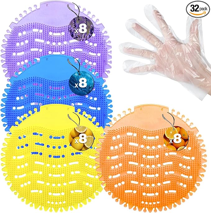 32 Pack Urinal Deodorizer Screen with 100 Gloves, 3D Wave Anti-Splash Odor Protection Urinal Cakes for Men Toilets Dry Wet Urinal Deodorant Bathroom Office Mall Hotel Four Scents Urinal Mats