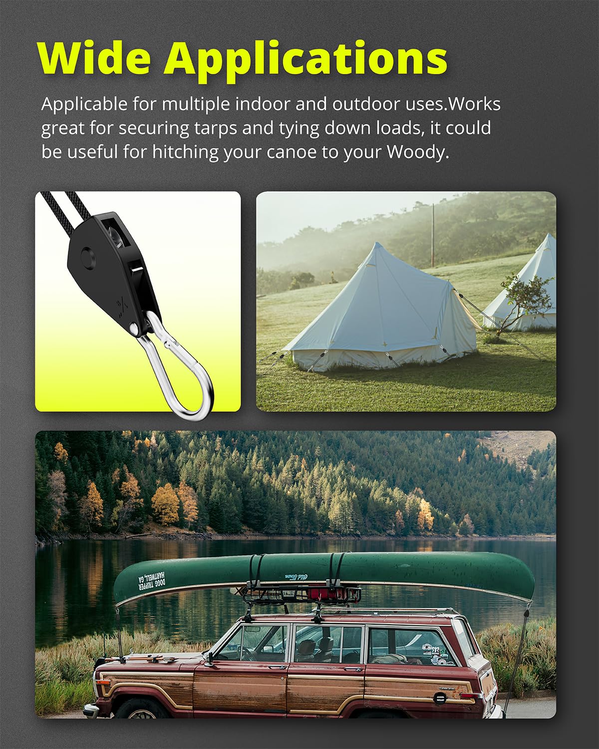 ELUFAH Longer 10ft 1/8" Ratchet Straps Hanger Rope Tie-Down Ratchet Outdoor Windproof Rope Roller Adjustable Hanger Grow Light Camping Tent Kayak Paracord 4-Pack"