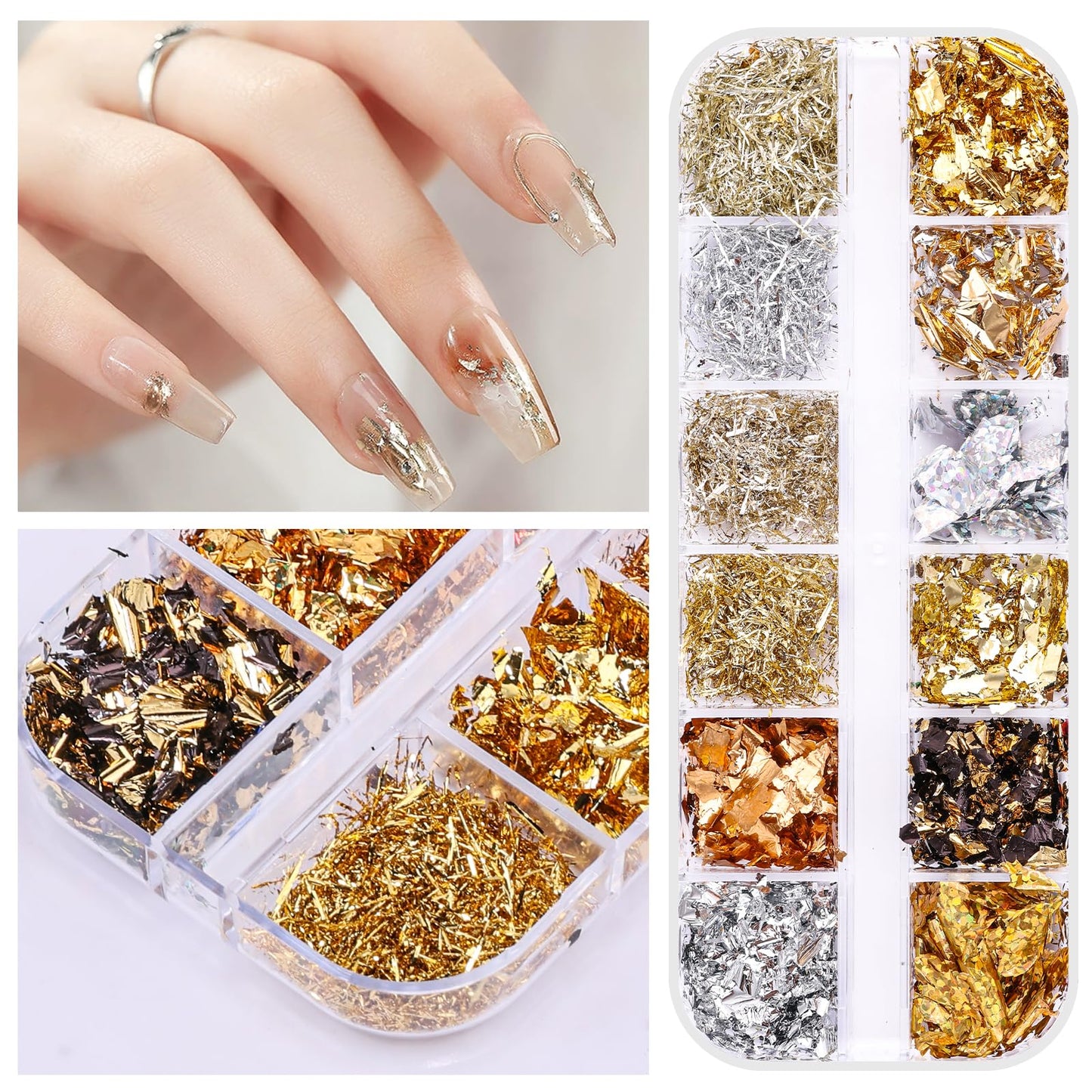5 Boxes 60 Colors Holographic Nail Glitter Gold Foils Kit, Nail Foil Flakes Laser, 3D Irregular Thin Foil Nail Art Flakes Design Nail Sequins Supplies for Manicure Body Makeup Craft DIY