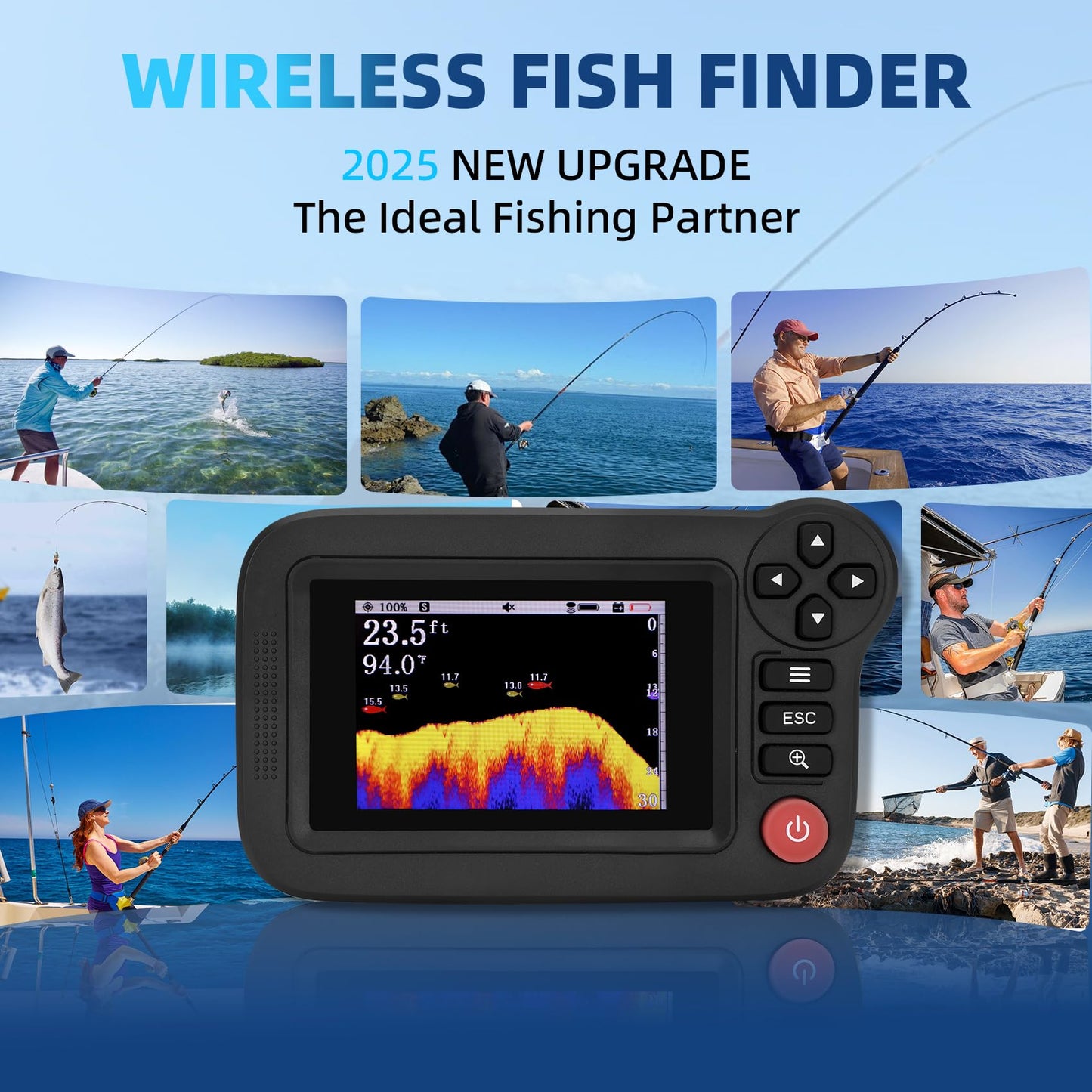 Portable Rechargeable Fish Finder, Wireless Sonar FishFinder, Castable Kayak Depth Finder with 105° Beam Angle and TFT LCD Display, 2.6-164 FT of Depth Locator, for Shore, Sea & Ice Fishing