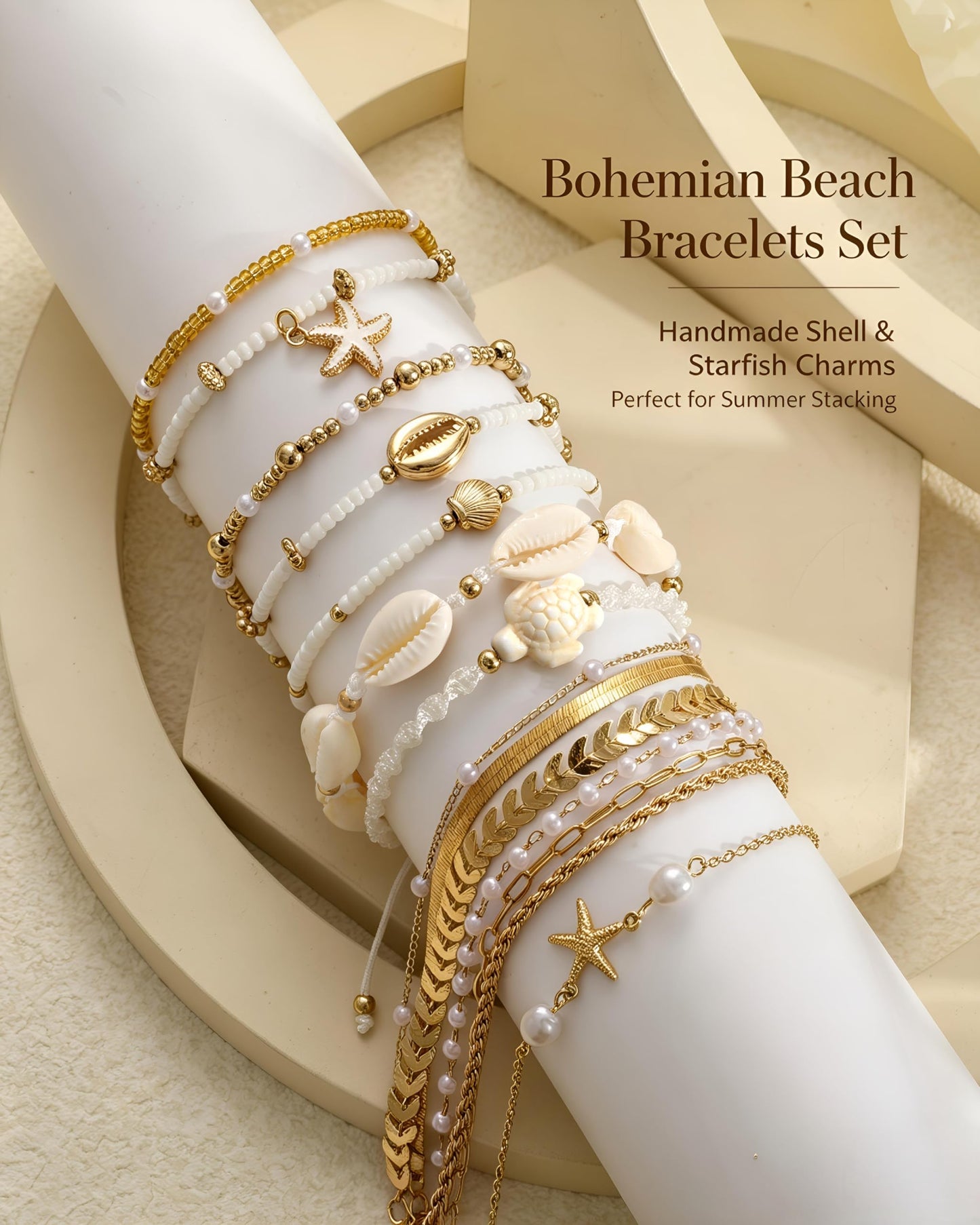 FAXHION Boho Gold Beaded Bracelets for Women, Starfish & Shell Pendant Bracelet Stack, Gold Bracelet Set Summer Beach Jewelry Gifts