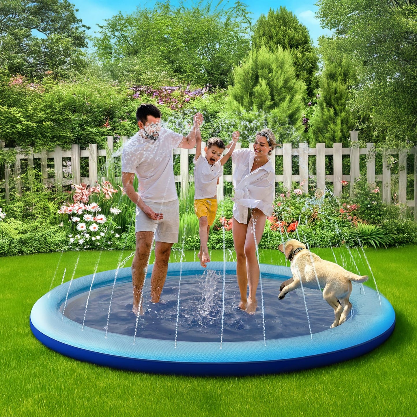 COMMOUDS Splash Pad for Kids and Dogs, Non-Slip Sprinkler Pad Thicken Pool Summer Outdoor Water Toys, Backyard Fountain Play Mat for Baby Toddlers Boys Girls Pet(77Inch)