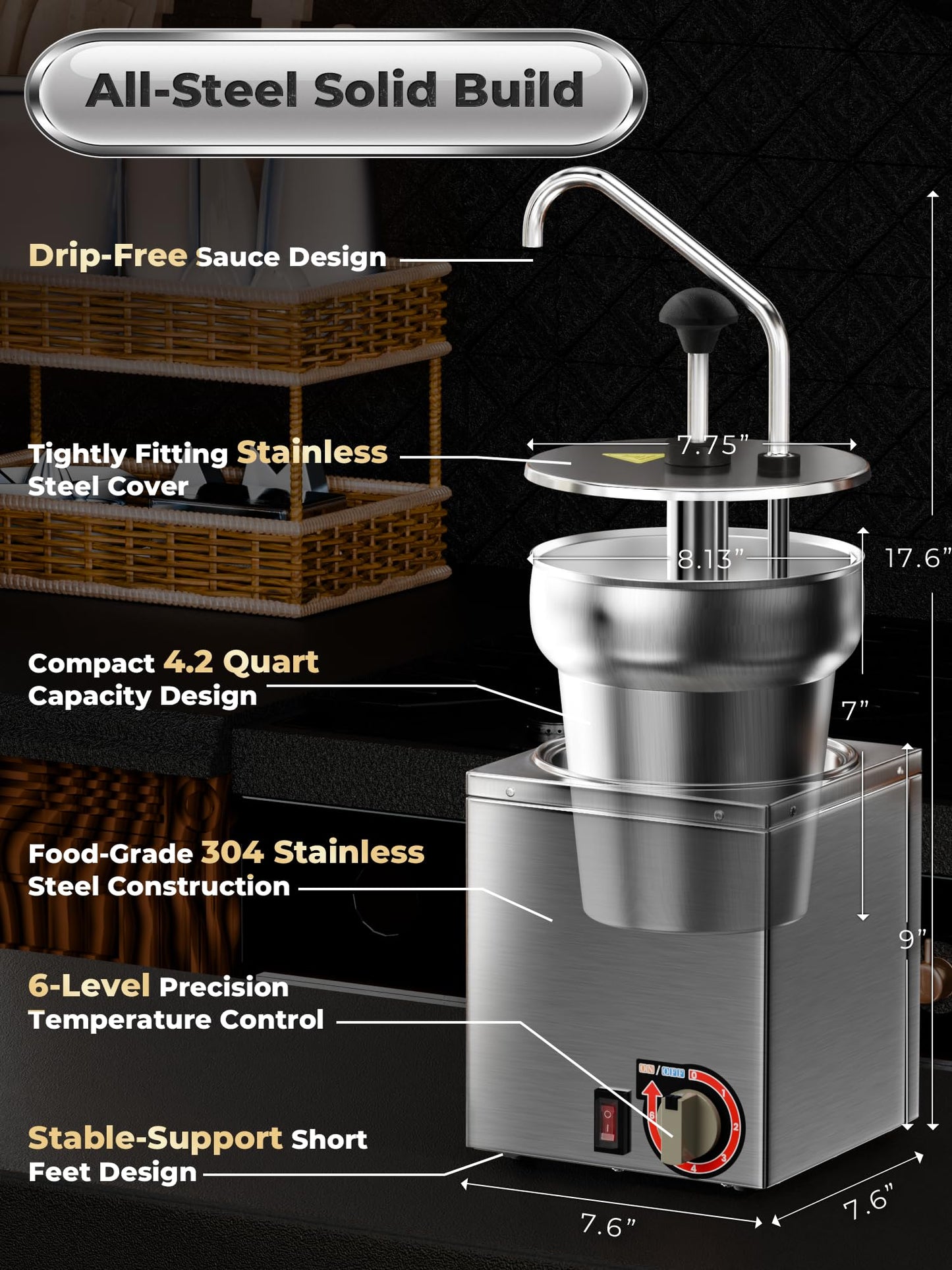 Nacho Cheese Dispenser with Stainless Steel Pump, Premium 4.2Qt Hot Fudge Warmer with 6-Level Temperature Adjustment, Commercial Sauce Heater for Butter Cheese Caramel Syrup