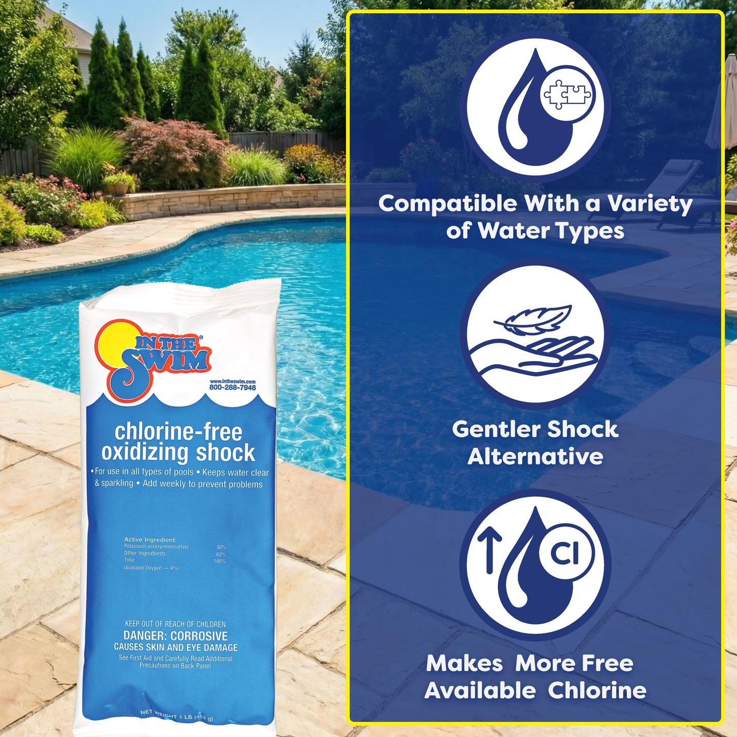 In The Swim Chlorine-Free Pool Shock – Quick Dissolving, Fast-Acting, Shock-Oxidizer for Swimming Pools, Spas, and Salt Chlorinated Pools Compatible - 6 x 1 Pound Bags