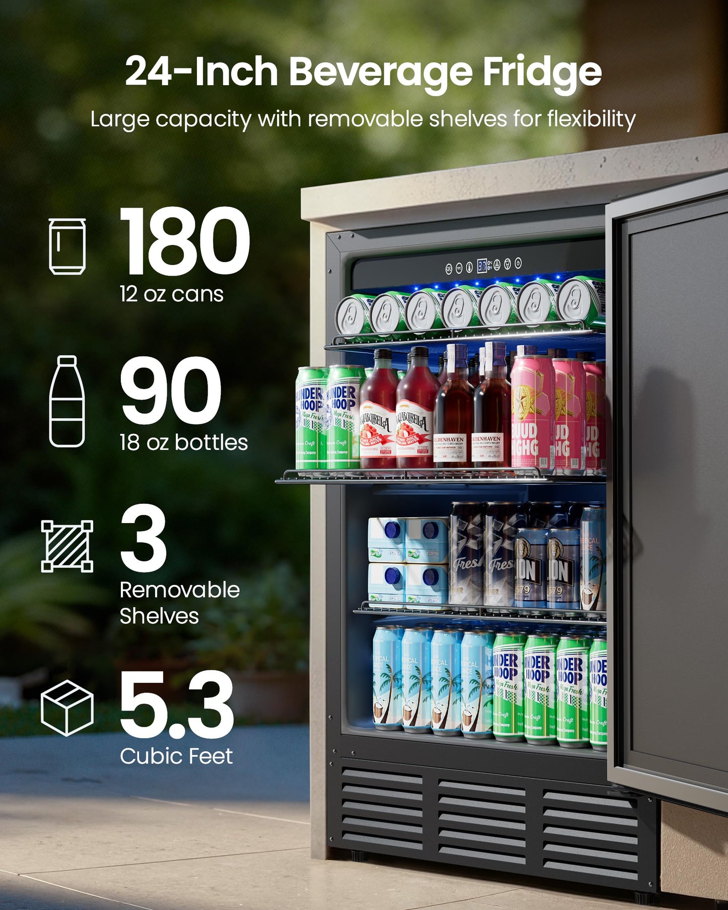 ICEVIVAL 24 Inch Beverage Refrigerator, 180 Can Under Counter Fridge, Stainless Steel Beer Fridge for Built-in & Freestanding, Outdoor Refrigerator for Soda, Beer, Wine (Black)