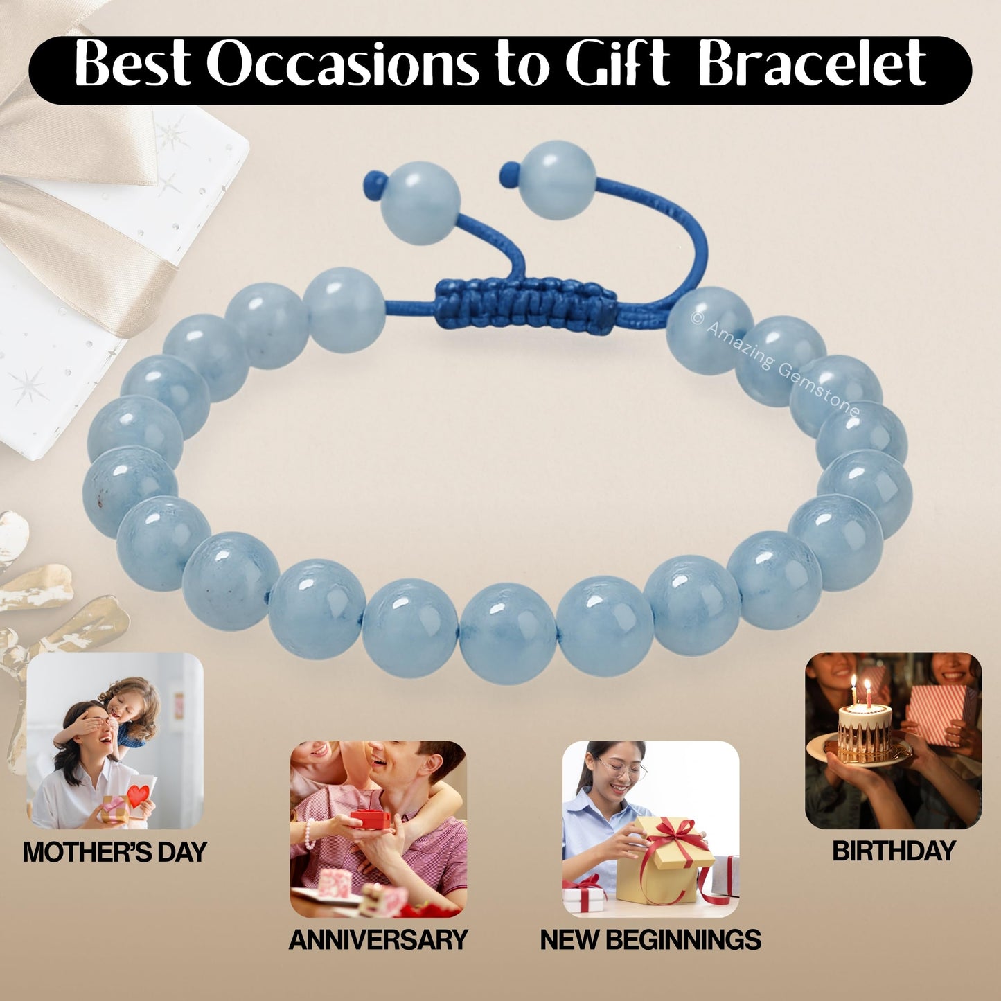 Amazing Gemstone Aquamarine Bracelet for Women Men's Gifts - Protection Healing Crystal Bracelet - 8mm Gemstone Beaded Adjustable Bracelet Pulseras Para Hombres Mujer Stocking Stuffers