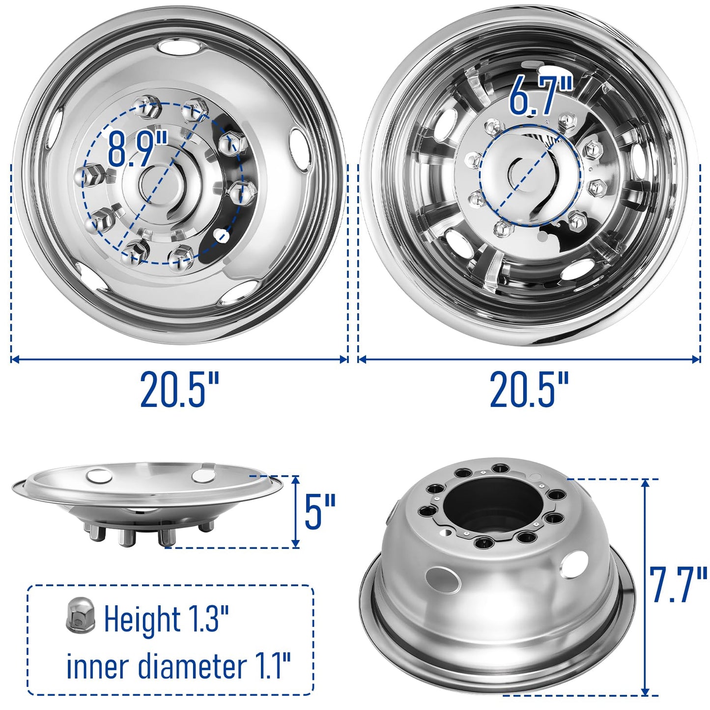 19.5" Wheel Simulators,19.5" 10 Lug Stainless Steel Hubcaps with Wheel Lug Bolts Kit,Polished Finish,2 Front Wheels/2 Rear Wheels,Wheel Simulators Suitable for 2005-2021 Ford F450/F550,Ford Raptor 2WD
