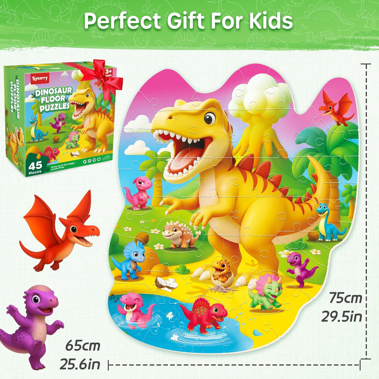 SYNARRY Dinosaur Floor Puzzles for Kids Ages 4-6, Large 45 Piece Floor Puzzles for Kids Ages 3-5, Puzzles for 4-8 Years Old, Dinosaur Toys Easter Basket Stuffers Gifts for 3 4 5 6 7 8 Year Old Boys