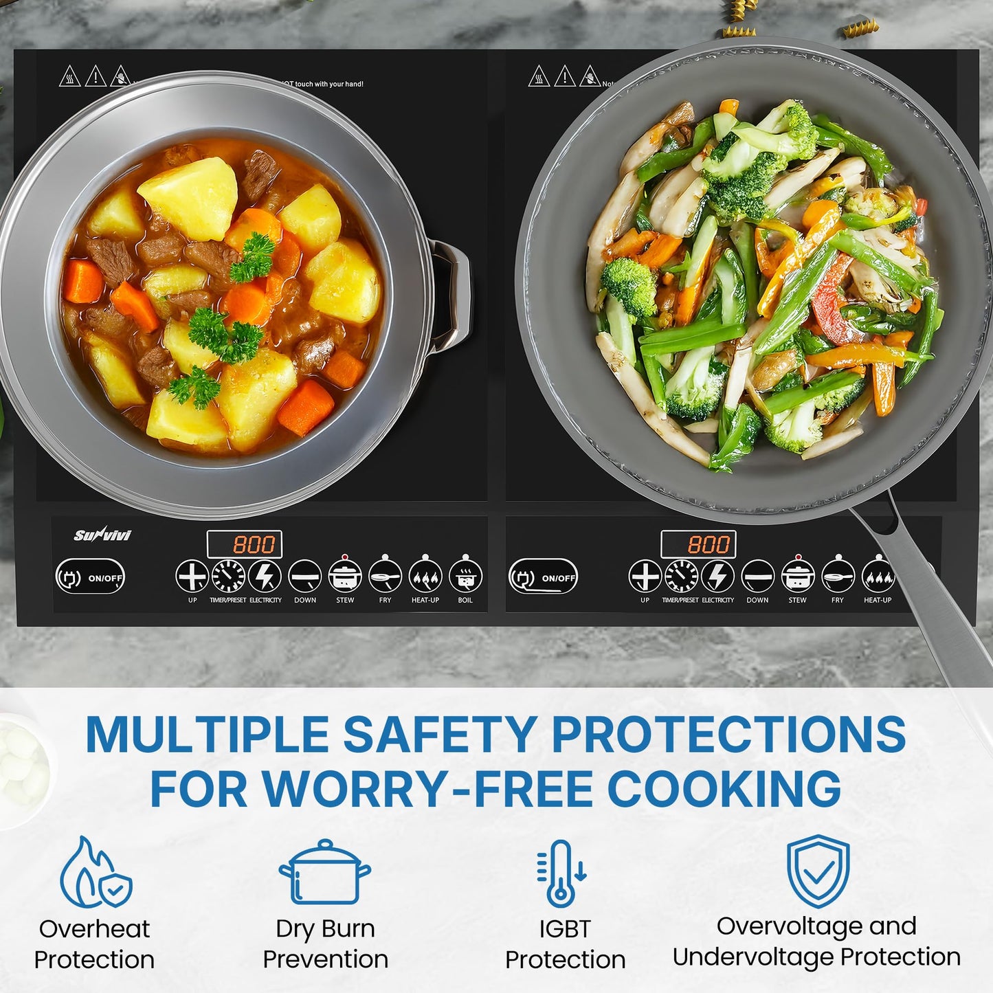 SUNVIVIPRO Commercial Double Burner Electric Induction Cooktop, 1000W+800W Dual Induction Hot Plate, 8 Power & 8 Temp Setting, Professional Countertop Burner Stove with Timer, LED Screen, Black