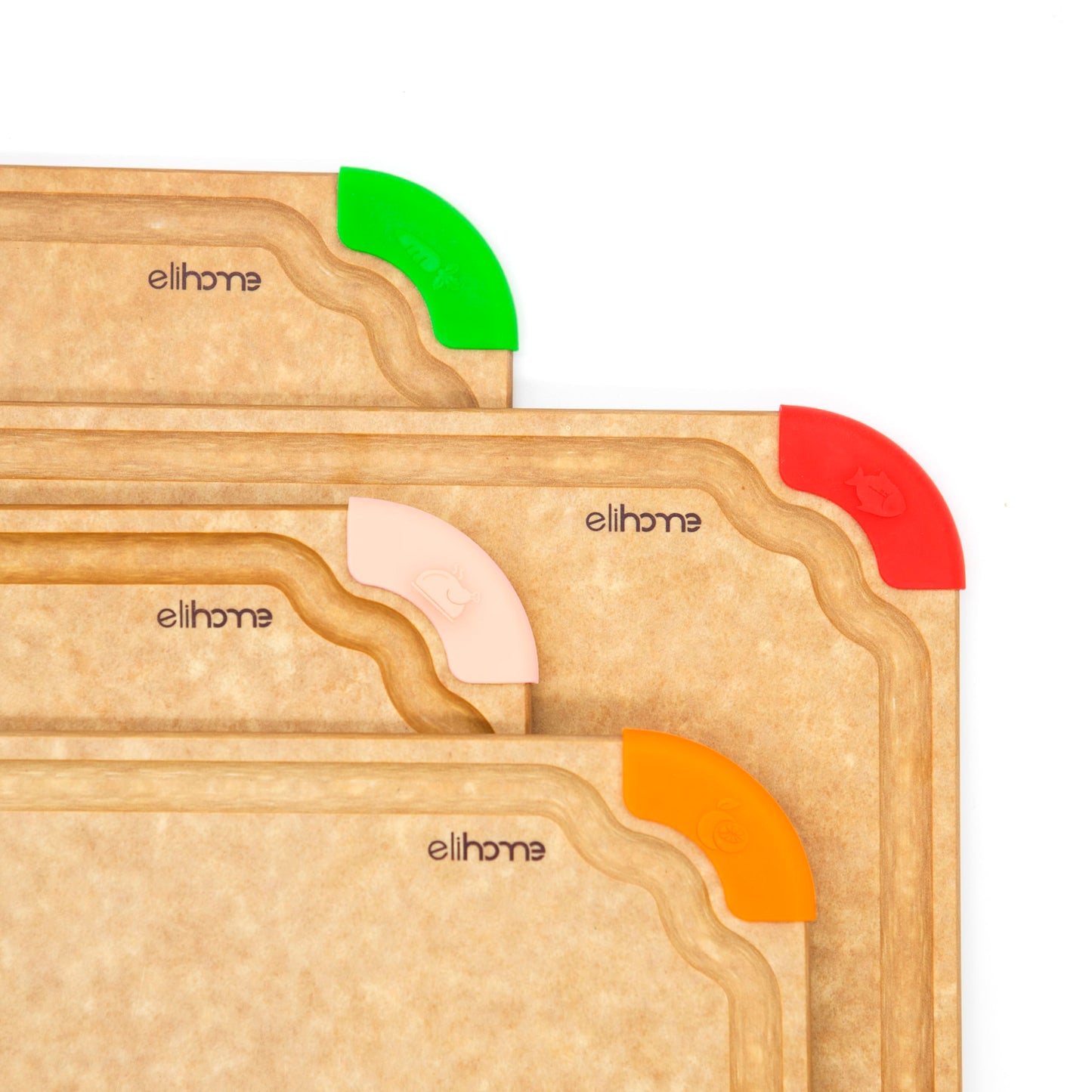 Elihome Cutting Wise 4pcs Kitchen Cutting Board Set, Non Slip Feet, Color Coded with Food Icon, Natural Wood Fiber, Dishwasher Safe, Eco-Friendly, Juice Grooves,Non Porous, BPA Free, Made in USA