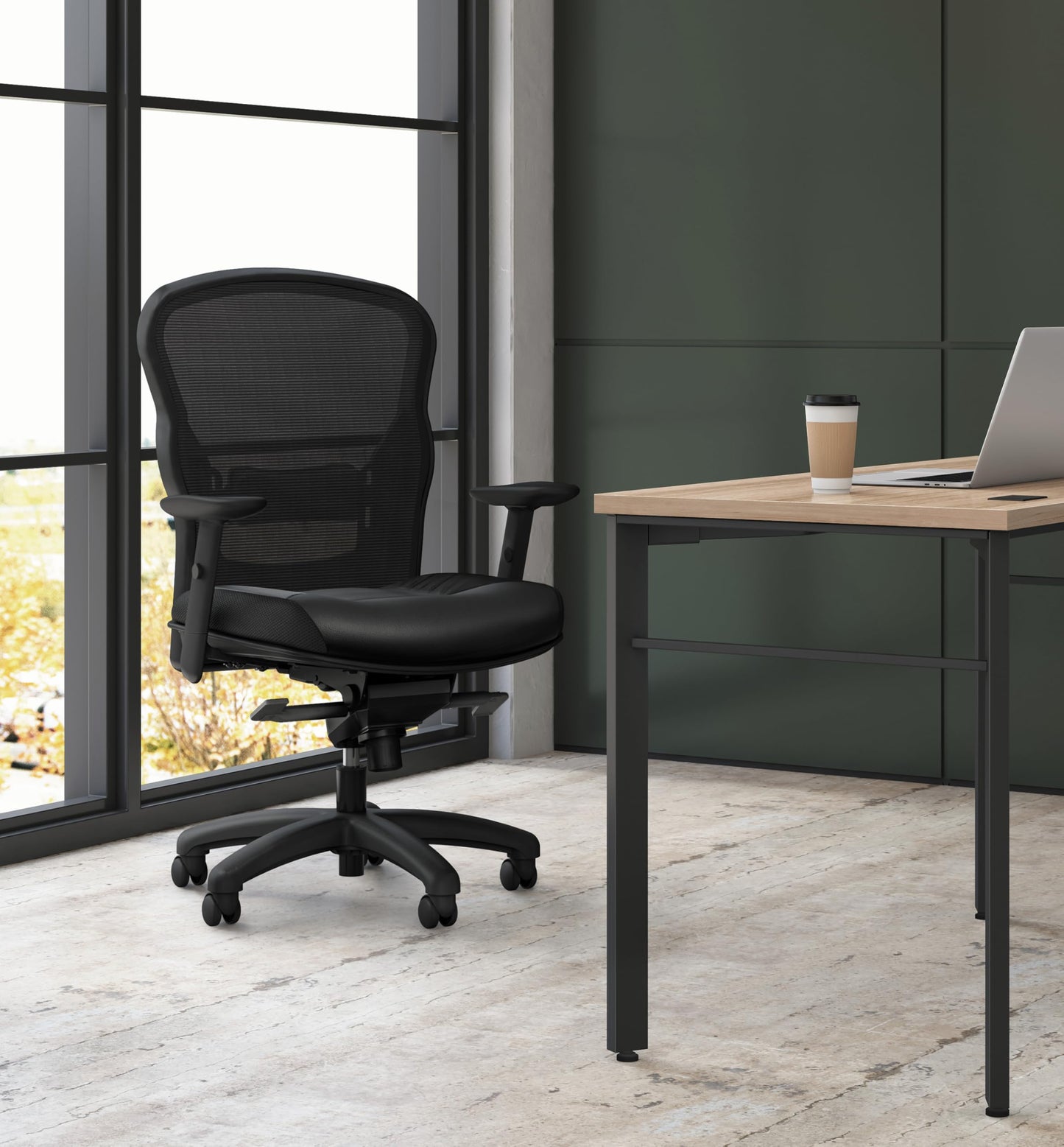 HON Wave High Back Leather Ergonomic Office Chair Lumbar Support with Adjustable Arms, Breathable Mesh Ergonomic Desk Seat for Computers, Office, 360° Swivel Synchro-Tilt, Black