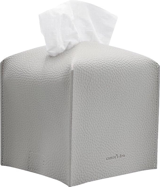 Tissue Box Cover Holder, Square with Bottom Belt by Carrot's Den - PU Leather Decorative Organizer for Tabletop, Bathroom, Car, Office | Pastel Gray
