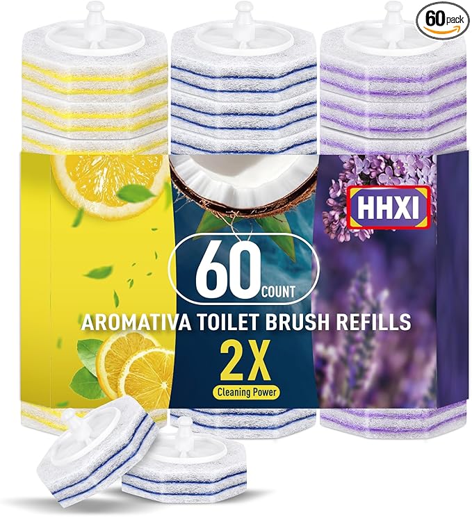 60Ct Aromative Toilet Brush Refills, Toilet Bowl Cleaner Refills, Double-Layer Cleaning Pads Added, Disposable Refill Heads for Toilet Bowl Cleaner Wands, Bulk ï¼Patentedï¼