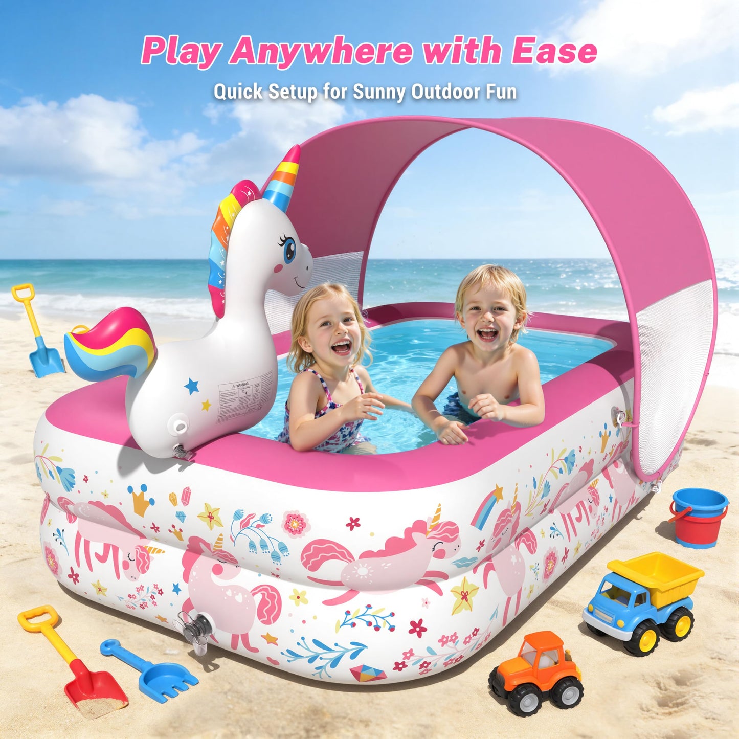 JOSEN Unicorn Kiddie Pool with Canopy and Sprinkler, Inflatable Baby Pool with Soft Cushioned Floor, Portable Toddler Blow Up Pool Ball Pit for Backyard, Outdoor/Indoor Play Toys