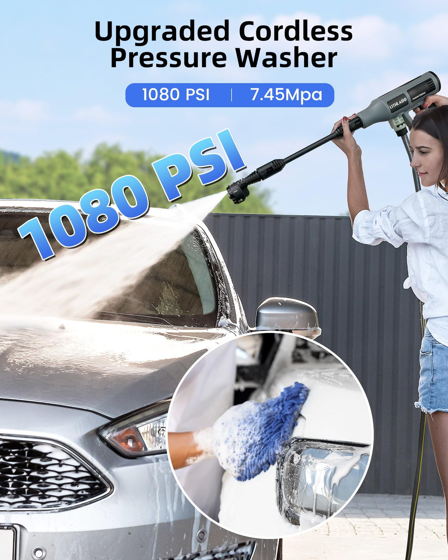 Cordless Pressure Washer 1080PSl Portable High Pressure for Car Wash Outdoor Cleaning, Handheld Power Washer with 6-in-1 Adjustable Nozzle, Foam Cannon for Fences/Driveways/Patios/Home (1X 4Ah)